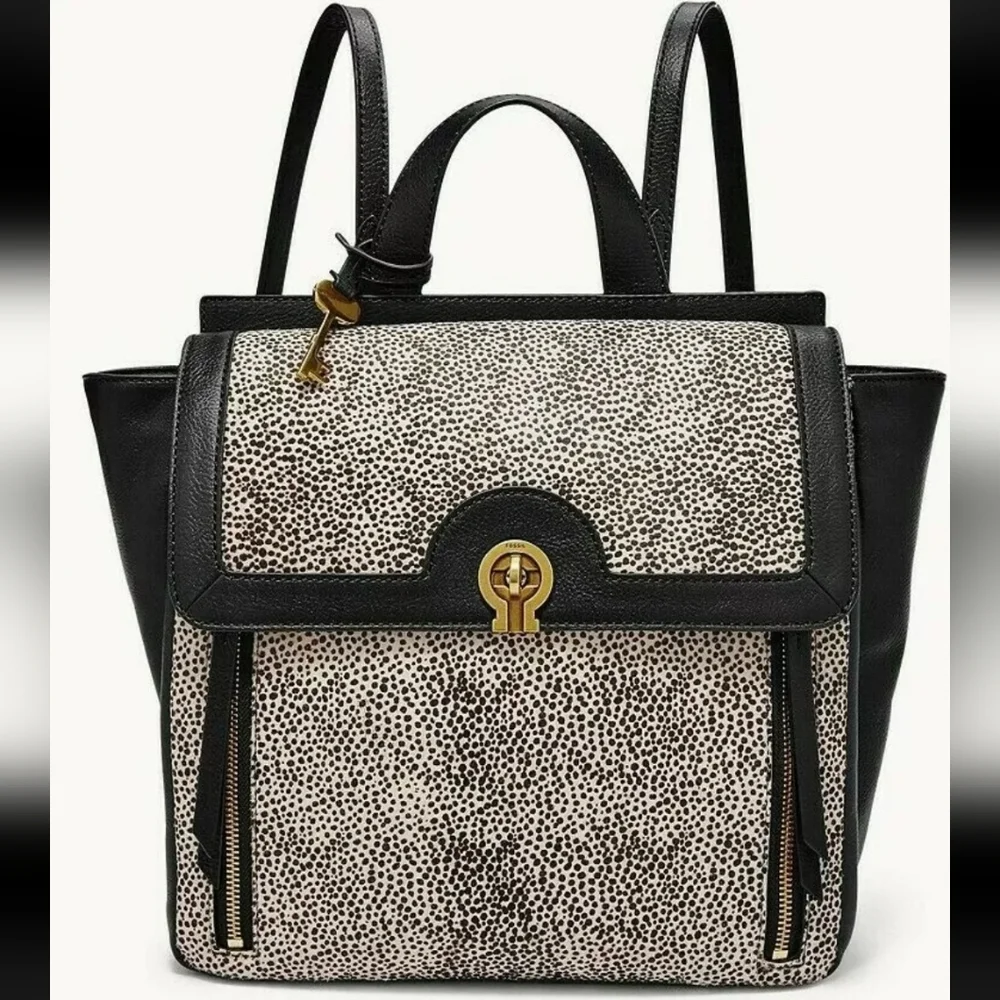 Fossil Amelia White Cheetah Black Leather Backpack Shoulder Bag ZB7856504 $298